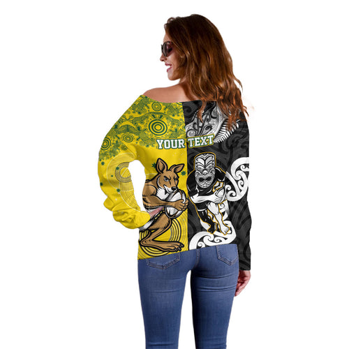 Aotearoa New Zealand and Australia Rugby Personalized Off Shoulder Sweater Maori Koru and Aboriginal Dot Art Cultural Heritage