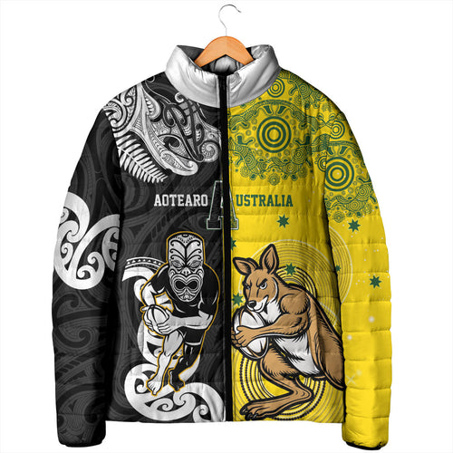 Aotearoa New Zealand and Australia Rugby Personalized Padded Jacket Maori Koru and Aboriginal Dot Art Cultural Heritage