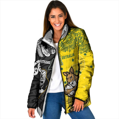 Aotearoa New Zealand and Australia Rugby Personalized Padded Jacket Maori Koru and Aboriginal Dot Art Cultural Heritage