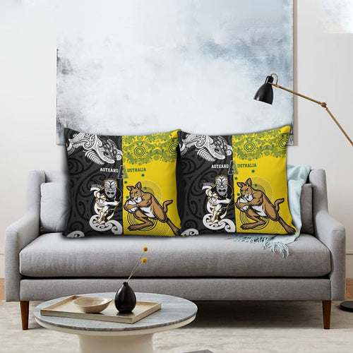 Aotearoa New Zealand and Australia Rugby Pillow Cover Maori Koru and Aboriginal Dot Art Cultural Heritage