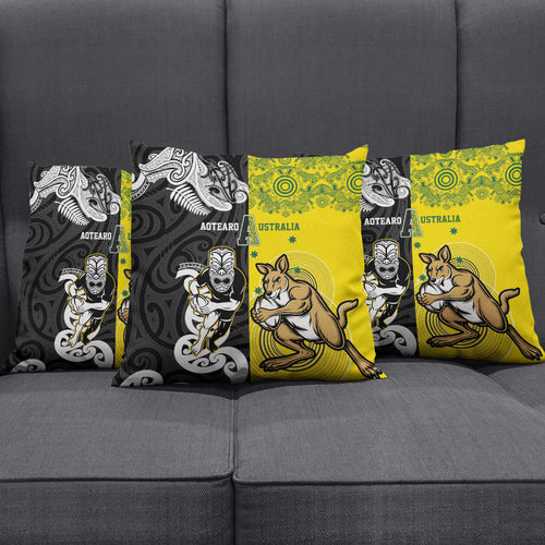 Aotearoa New Zealand and Australia Rugby Pillow Cover Maori Koru and Aboriginal Dot Art Cultural Heritage