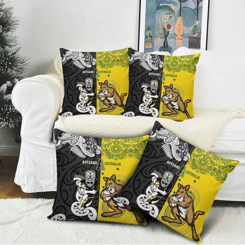 Aotearoa New Zealand and Australia Rugby Pillow Cover Maori Koru and Aboriginal Dot Art Cultural Heritage