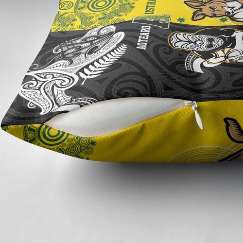 Aotearoa New Zealand and Australia Rugby Pillow Cover Maori Koru and Aboriginal Dot Art Cultural Heritage