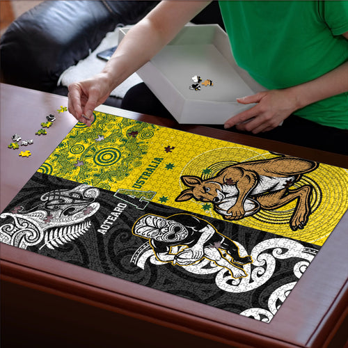 Aotearoa New Zealand and Australia Rugby Puzzle Maori Koru and Aboriginal Dot Art Cultural Heritage