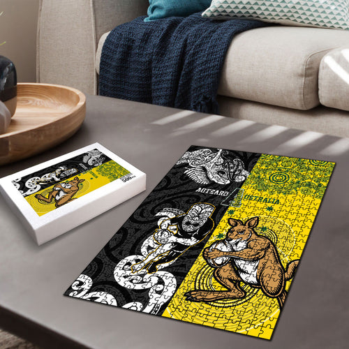 Aotearoa New Zealand and Australia Rugby Puzzle Maori Koru and Aboriginal Dot Art Cultural Heritage