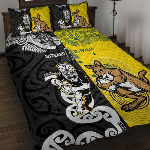 Aotearoa New Zealand and Australia Rugby Quilt Bed Set Maori Koru and Aboriginal Dot Art Cultural Heritage