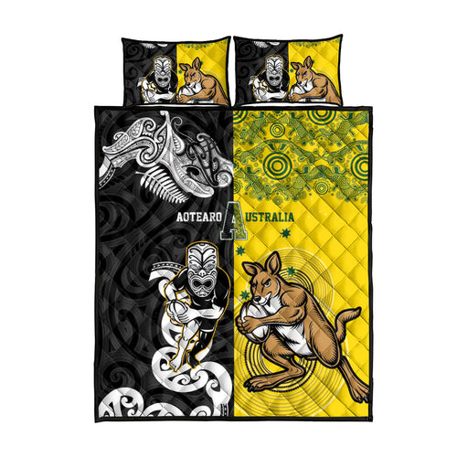 Aotearoa New Zealand and Australia Rugby Quilt Bed Set Maori Koru and Aboriginal Dot Art Cultural Heritage