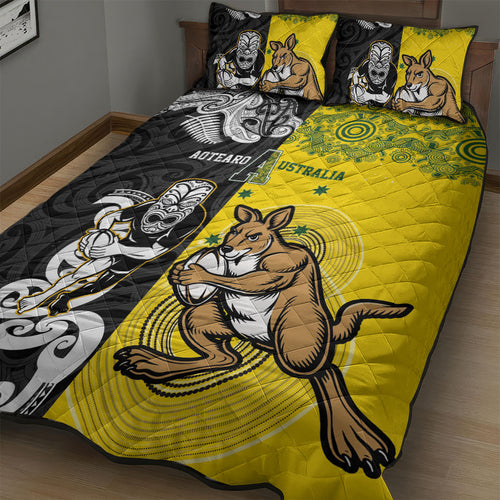 Aotearoa New Zealand and Australia Rugby Quilt Bed Set Maori Koru and Aboriginal Dot Art Cultural Heritage
