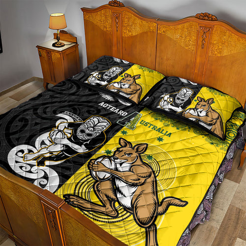 Aotearoa New Zealand and Australia Rugby Quilt Bed Set Maori Koru and Aboriginal Dot Art Cultural Heritage