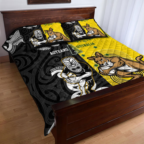 Aotearoa New Zealand and Australia Rugby Quilt Bed Set Maori Koru and Aboriginal Dot Art Cultural Heritage