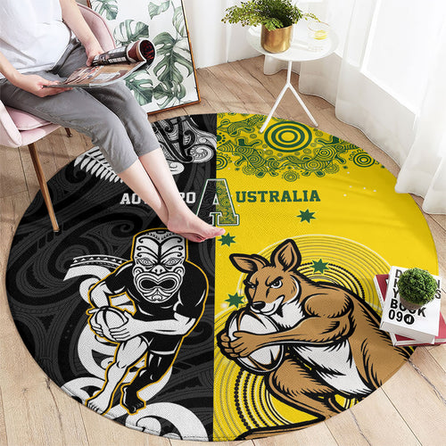 Aotearoa New Zealand and Australia Rugby Round Carpet Maori Koru and Aboriginal Dot Art Cultural Heritage
