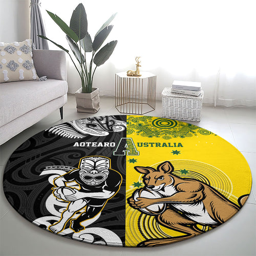 Aotearoa New Zealand and Australia Rugby Round Carpet Maori Koru and Aboriginal Dot Art Cultural Heritage