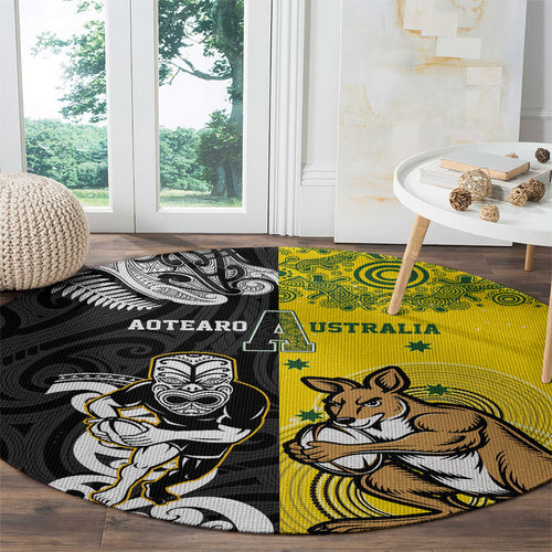 Aotearoa New Zealand and Australia Rugby Round Carpet Maori Koru and Aboriginal Dot Art Cultural Heritage