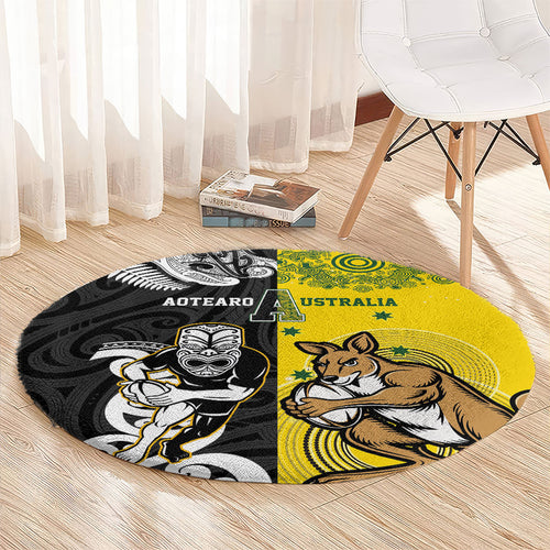 Aotearoa New Zealand and Australia Rugby Round Carpet Maori Koru and Aboriginal Dot Art Cultural Heritage
