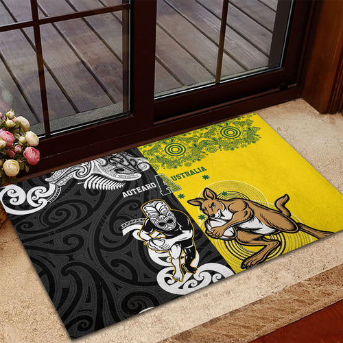 Aotearoa New Zealand and Australia Rugby Rubber Doormat Maori Koru and Aboriginal Dot Art Cultural Heritage