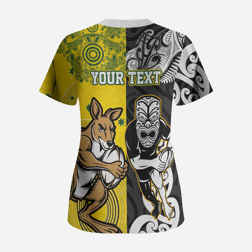 Aotearoa New Zealand and Australia Rugby Personalized Scrub Top Maori Koru and Aboriginal Dot Art Cultural Heritage