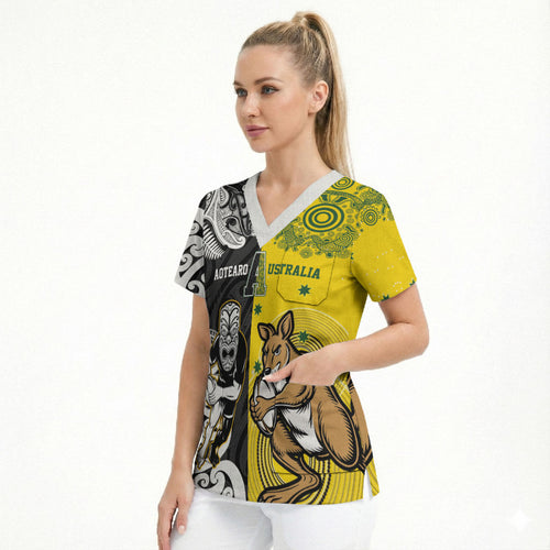 Aotearoa New Zealand and Australia Rugby Personalized Scrub Top Maori Koru and Aboriginal Dot Art Cultural Heritage