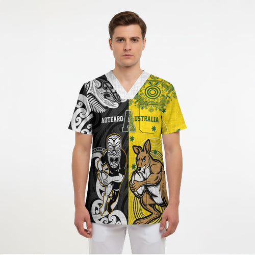 Aotearoa New Zealand and Australia Rugby Personalized Scrub Top Maori Koru and Aboriginal Dot Art Cultural Heritage