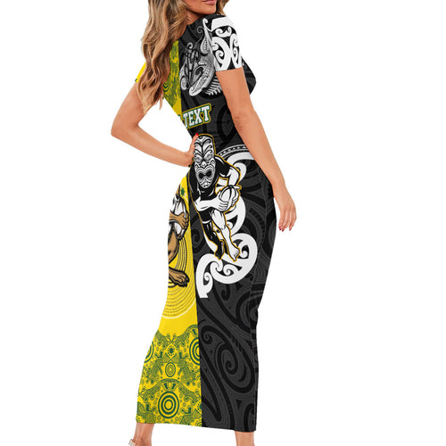 Aotearoa New Zealand and Australia Rugby Personalized Short Sleeve Bodycon Dress Maori Koru and Aboriginal Dot Art Cultural Heritage