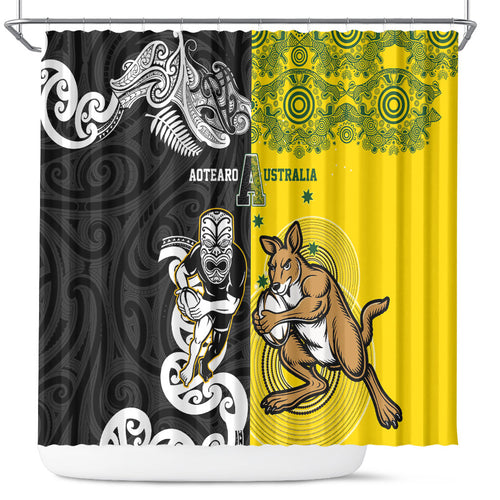 Aotearoa New Zealand and Australia Rugby Shower Curtain Maori Koru and Aboriginal Dot Art Cultural Heritage