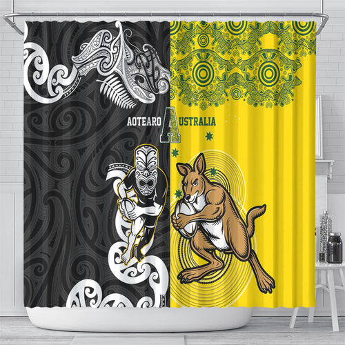 Aotearoa New Zealand and Australia Rugby Shower Curtain Maori Koru and Aboriginal Dot Art Cultural Heritage