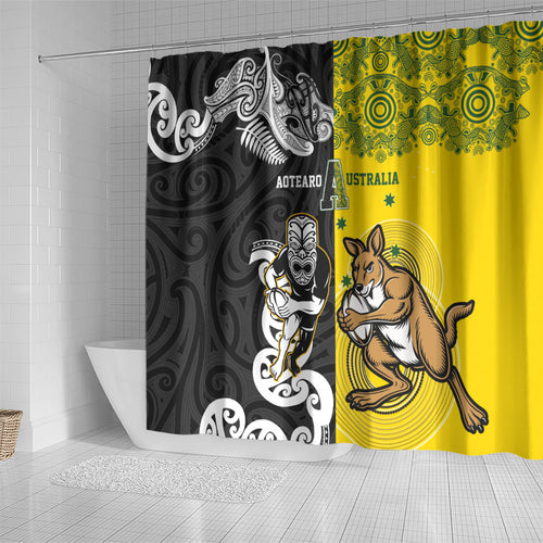 Aotearoa New Zealand and Australia Rugby Shower Curtain Maori Koru and Aboriginal Dot Art Cultural Heritage