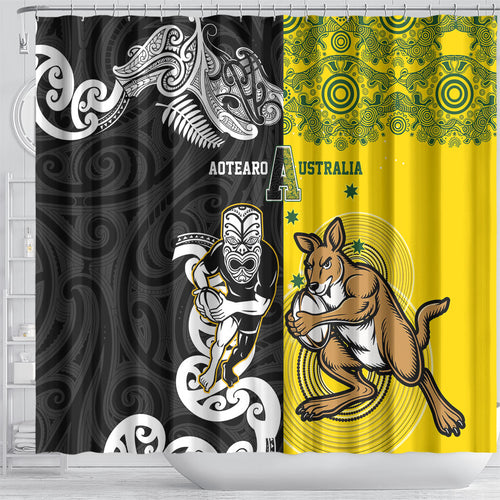 Aotearoa New Zealand and Australia Rugby Shower Curtain Maori Koru and Aboriginal Dot Art Cultural Heritage