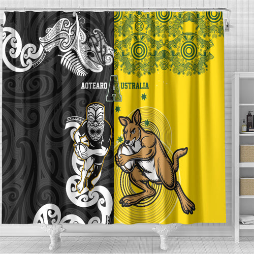Aotearoa New Zealand and Australia Rugby Shower Curtain Maori Koru and Aboriginal Dot Art Cultural Heritage