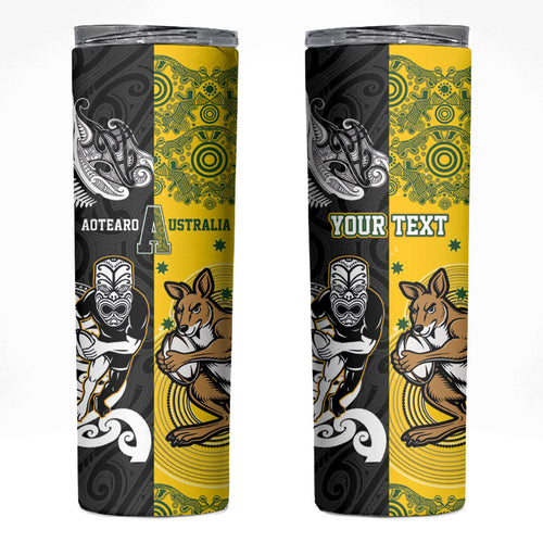 Aotearoa New Zealand and Australia Rugby Personalized Skinny Tumbler Maori Koru and Aboriginal Dot Art Cultural Heritage