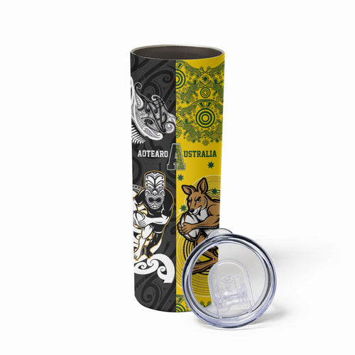 Aotearoa New Zealand and Australia Rugby Personalized Skinny Tumbler Maori Koru and Aboriginal Dot Art Cultural Heritage