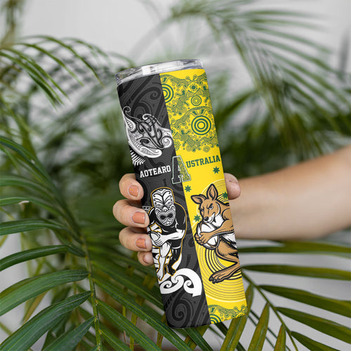 Aotearoa New Zealand and Australia Rugby Personalized Skinny Tumbler Maori Koru and Aboriginal Dot Art Cultural Heritage