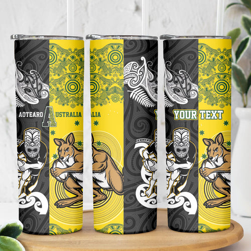 Aotearoa New Zealand and Australia Rugby Personalized Skinny Tumbler Maori Koru and Aboriginal Dot Art Cultural Heritage