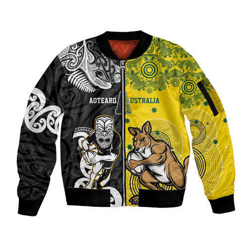 Aotearoa New Zealand and Australia Rugby Personalized Sleeve Zip Bomber Jacket Maori Koru and Aboriginal Dot Art Cultural Heritage