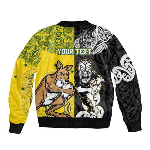 Aotearoa New Zealand and Australia Rugby Personalized Sleeve Zip Bomber Jacket Maori Koru and Aboriginal Dot Art Cultural Heritage