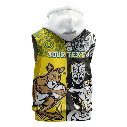 Aotearoa New Zealand and Australia Rugby Personalized Sleeveless Hoodie Maori Koru and Aboriginal Dot Art Cultural Heritage
