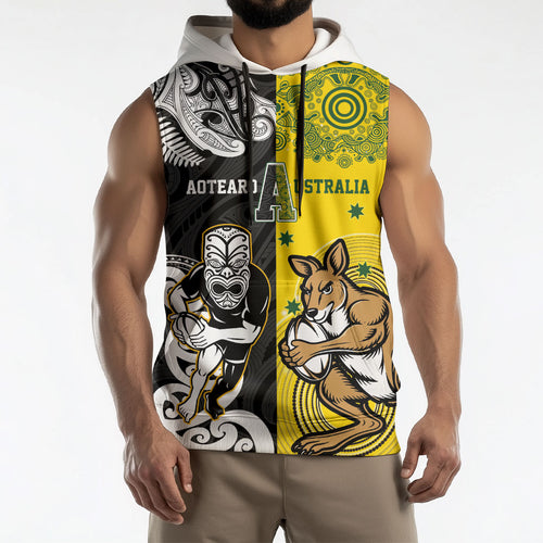 Aotearoa New Zealand and Australia Rugby Personalized Sleeveless Hoodie Maori Koru and Aboriginal Dot Art Cultural Heritage