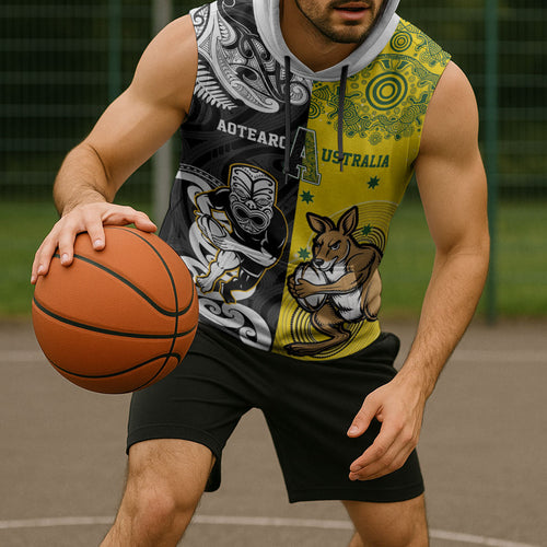 Aotearoa New Zealand and Australia Rugby Personalized Sleeveless Hoodie Maori Koru and Aboriginal Dot Art Cultural Heritage