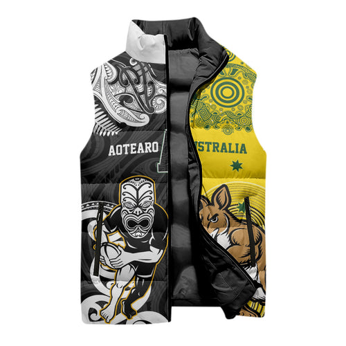Aotearoa New Zealand and Australia Rugby Personalized Sleeveless Puffer Jacket Maori Koru and Aboriginal Dot Art Cultural Heritage