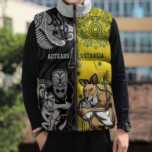 Aotearoa New Zealand and Australia Rugby Personalized Sleeveless Puffer Jacket Maori Koru and Aboriginal Dot Art Cultural Heritage