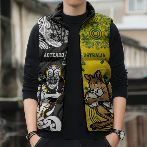 Aotearoa New Zealand and Australia Rugby Personalized Sleeveless Puffer Jacket Maori Koru and Aboriginal Dot Art Cultural Heritage