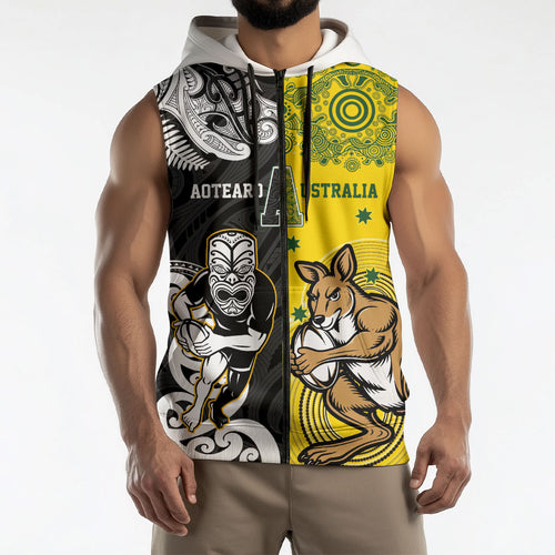 Aotearoa New Zealand and Australia Rugby Personalized Sleeveless Zip Hoodie Maori Koru and Aboriginal Dot Art Cultural Heritage