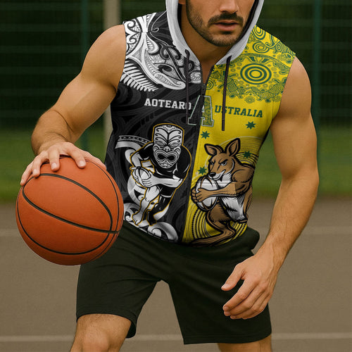 Aotearoa New Zealand and Australia Rugby Personalized Sleeveless Zip Hoodie Maori Koru and Aboriginal Dot Art Cultural Heritage