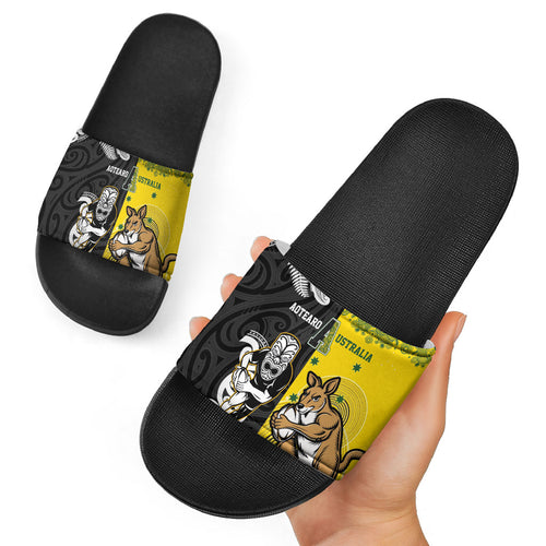 Aotearoa New Zealand and Australia Rugby Slide Sandals Maori Koru and Aboriginal Dot Art Cultural Heritage