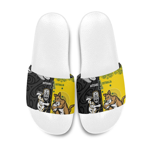 Aotearoa New Zealand and Australia Rugby Slide Sandals Maori Koru and Aboriginal Dot Art Cultural Heritage