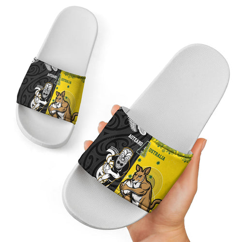 Aotearoa New Zealand and Australia Rugby Slide Sandals Maori Koru and Aboriginal Dot Art Cultural Heritage