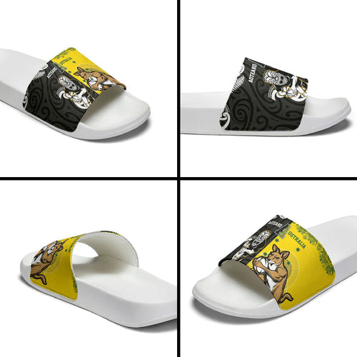 Aotearoa New Zealand and Australia Rugby Slide Sandals Maori Koru and Aboriginal Dot Art Cultural Heritage