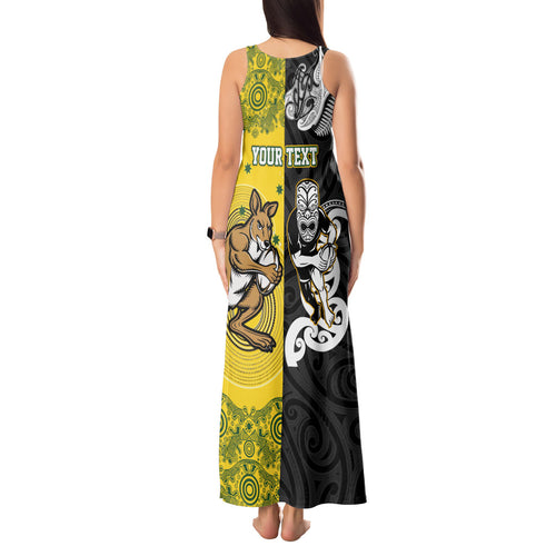 Aotearoa New Zealand and Australia Rugby Personalized Tank Maxi Dress Maori Koru and Aboriginal Dot Art Cultural Heritage