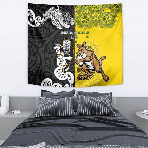 Aotearoa New Zealand and Australia Rugby Tapestry Maori Koru and Aboriginal Dot Art Cultural Heritage