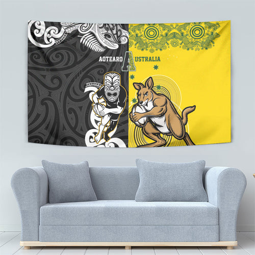Aotearoa New Zealand and Australia Rugby Tapestry Maori Koru and Aboriginal Dot Art Cultural Heritage