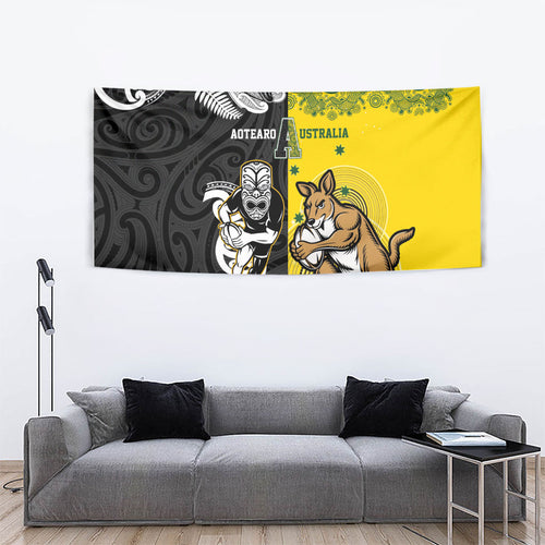 Aotearoa New Zealand and Australia Rugby Tapestry Maori Koru and Aboriginal Dot Art Cultural Heritage